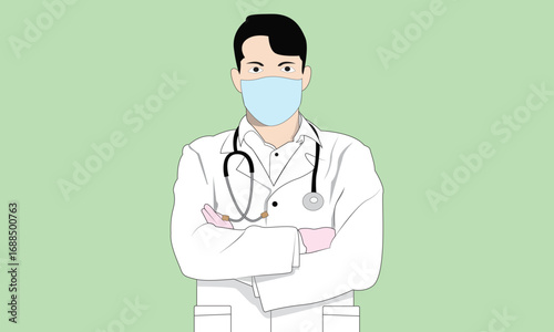 Young masker doctor with stethoscope, medical specialist Medicine concept. 2d vector people character illustration. Cartoon minimal style.