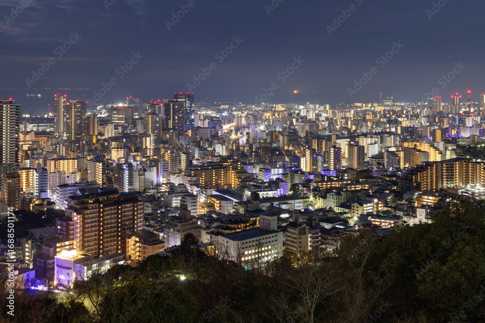 Obraz premium 諏訪山公園から眺める神戸の夜景（前方には兵庫区の街明かりが見えます） 神戸市中央区にて
