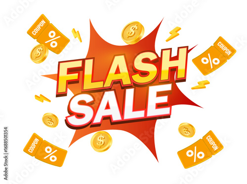 3d Vector illustration of Flash Sale promotion banner with bold text, discount coupons, lightning icons, and gold coins, representing limited-time offers and online shopping deals. Vector illustration