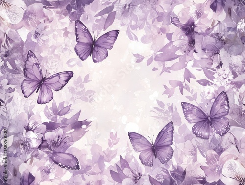 Wallpaper Mural A whimsical and magical illustration of butterflies fluttering among purple flowers in an enchanted, glowing garden. A dreamy and romantic background for a wedding, fantasy, or spring theme. Torontodigital.ca