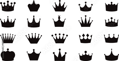 Black silhouette vector set of hands, crown, shield, and medieval tree king and queen royal decoration heraldic insignia illustration design pattern collection