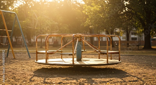 Empty playground carousel in golden sunlight