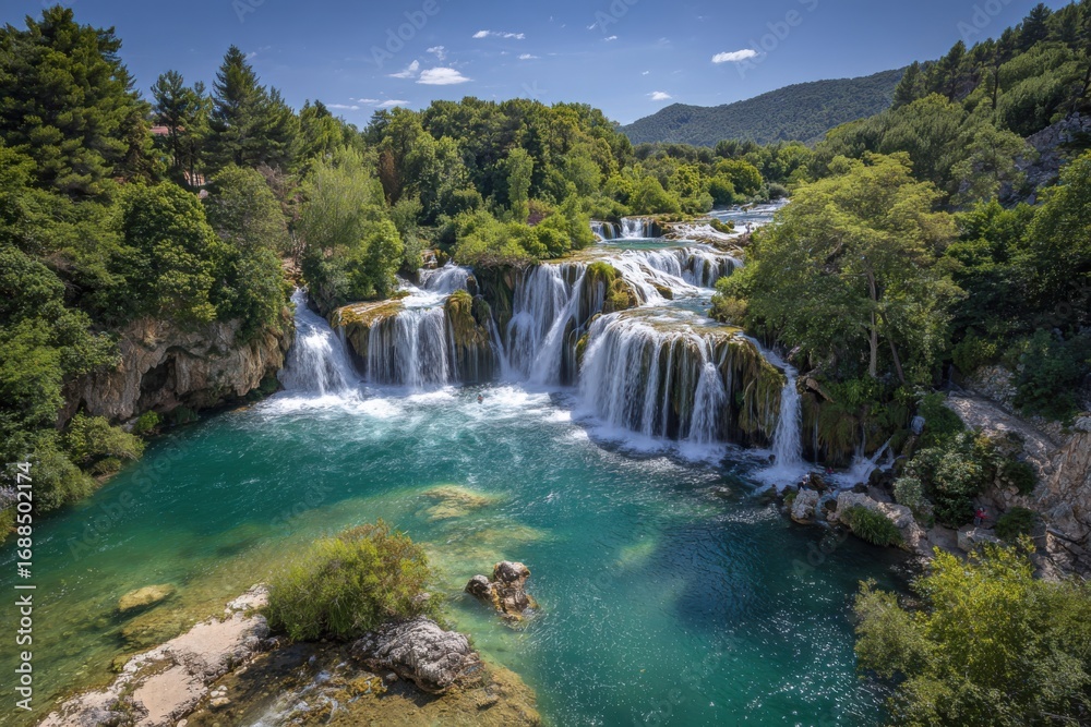 Fototapeta premium Lush green forest surrounds cascading waterfalls into a turquoise pool