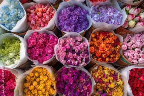 Colorful flower bouquets in market