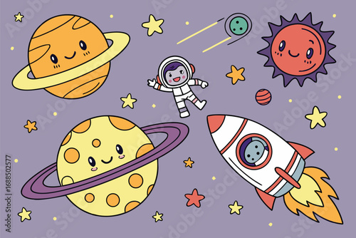 Whimsical Galactic Illustration with UFOs, Stars, and Planets