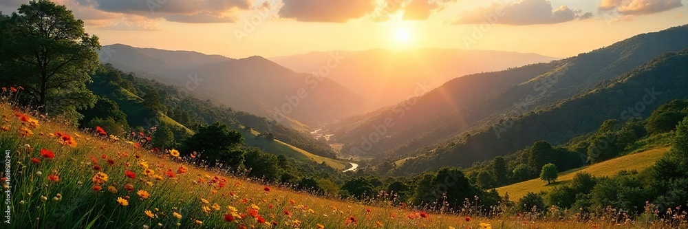 Fototapeta premium Golden Hour Landscape Serene Sunset View Perfect for Relaxation and Travel