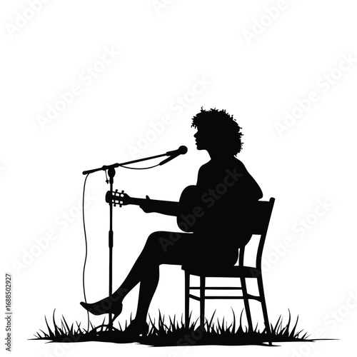 Silhouette of woman playing guitar and singing into microphone outdoors 2