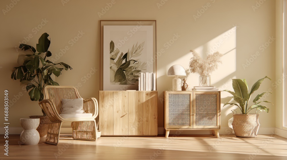 Fototapeta premium Modern Minimalist Living Room with Natural Light and Green Plants