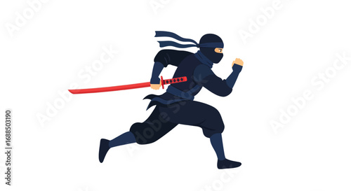 A dynamic illustration of a running ninja warrior in a dark suit holding a red katana sword.