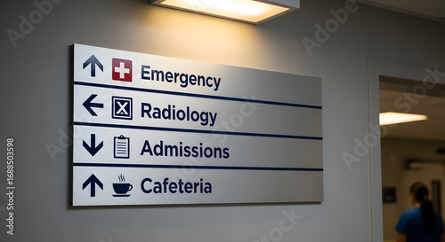 Hospital Signage: A close-up shot highlights essential directional signage in a modern healthcare setting, offering clear guidance for visitors and patients alike, including emergency, radiology.