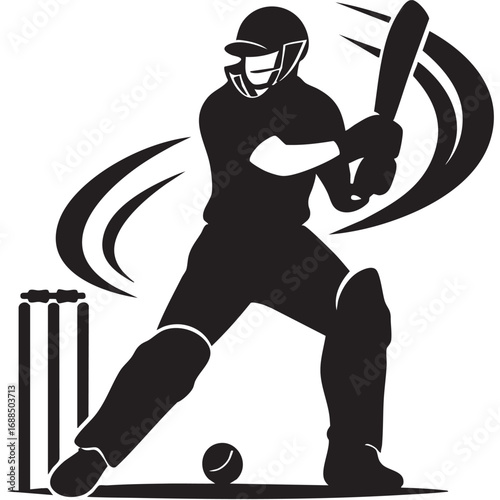 Stylized cricket batsman with bat and wickets. Sports mascot logo