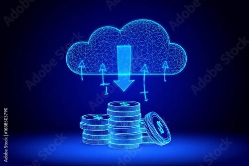 Digital Currency Flow from Cloud to Stacked Coins - Abstract Illustration