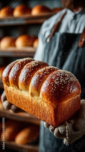 Freshly baked bread being held by a baker in a cozy bakery during the early morning hours