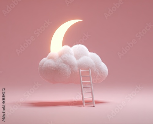 A fluffy white cloud with a glowing crescent moon rests on a pale pink background, a white ladder leaning against it