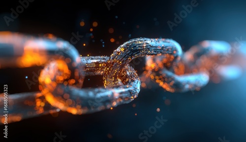 A chain link, ablaze with digital sparks, connecting against a dark background