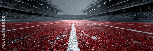 Rain-soaked athletic track in a stadium during a cloudy day with spectators in the stands
