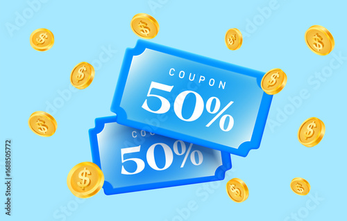 3d Blue coupon vector with 50% discount surrounded by golden dollar coins on light blue background. Gift voucher with rain of golden coins in 3d vector illustration. Vector illustration