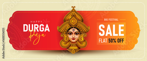 Durga Puja Festival Sale Background Design with Goddess Durga Face Illustration	