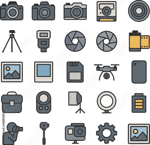 Photography icon set in clean vector style with cameras, lenses, and tripods, ideal for websites, branding, posters, and UI design.