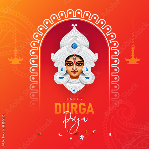 Durga Puja Festival Background Design with Goddess Durga Face Illustration	