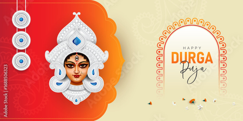 Durga Puja Festival Background Design with Goddess Durga Face Illustration	