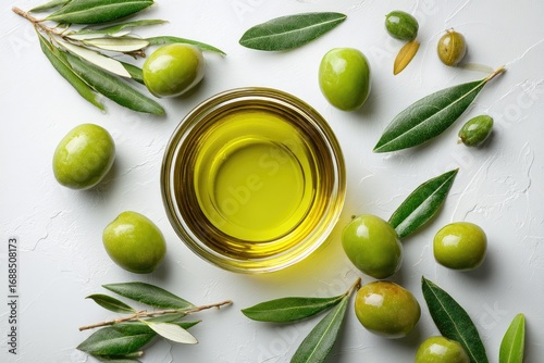 A glass bowl of olive oil is surrounded by green olives and olive branches on a textured white background