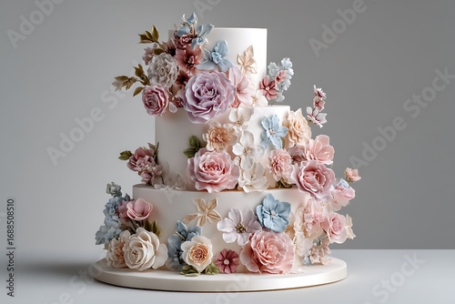 A delicious three-tier white wedding cake, lavishly decorated with fresh flowers and soft, pastel-colored sugar accents