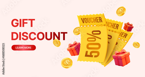 Gift discount vector illustration with yellow 50% vouchers, golden coins, and red present boxes on light background. 3d golden coupons with gift boxes in vector illustration. Vector illustration