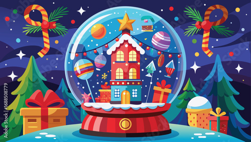A whimsical Christmas card illustration of a cozy house with a snowman under a starry winter night sky