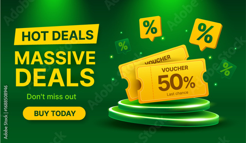 3d Yellow 50% discount vouchers with golden coins on a podium, percentage icons, and green neon stage, isolated on black background. 3d cash back coupon on stage banner template in vector illustration