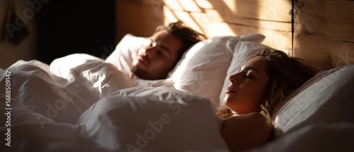The couple sleeping in a sunlit rustic bedroom with white linens and wooden headboard