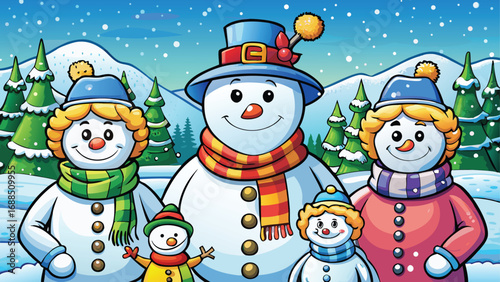 A cheerful cartoon snowman in a scarf and hat stands in the snow, smiling and holding Christmas gifts, a joyful winter holiday illustration