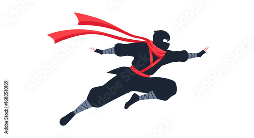 Dynamic Ninja Character in Black Suit with Red Scarf.