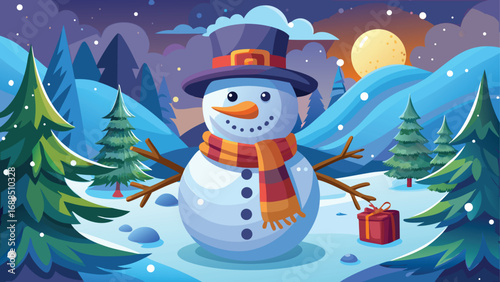 A cartoon snowman wearing a hat and scarf stands in the snow with a decorated Christmas tree, celebrating the happy winter holidays