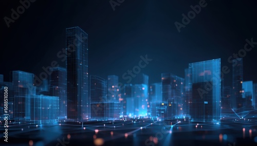 Futuristic city skyline, illuminated by glowing, interconnected lines