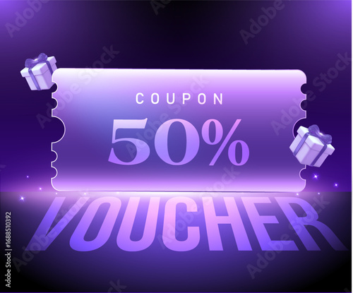 Futuristic 3D glowing 50% discount coupon voucher in purple neon theme, decorated with gift boxes and light effects, ideal for sale and promotional banners. Gift voucher in 3d vector illustration