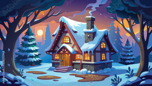 A snowy Christmas house nestled in a winter forest landscape with a starry sky