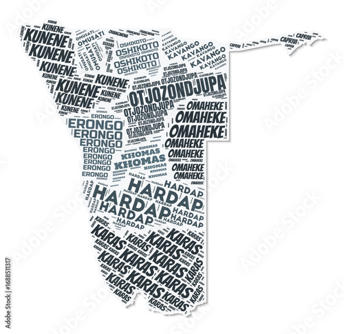 Namibia shape text cloud. Country border with shadow on white background. Namibia with regions division in vintage gazette style. Awesome vector illustration.