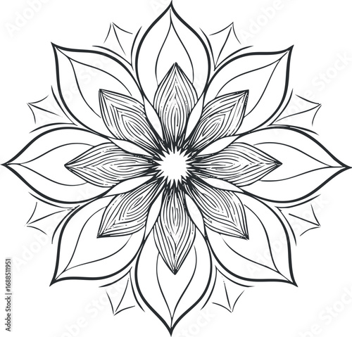 Black and white hand-drawn mandala flower design with symmetrical decorative petals and intricate lines