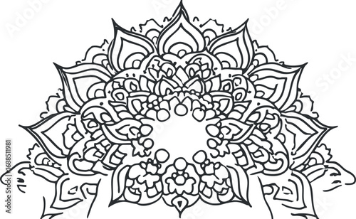 Black and white intricate mandala pattern with floral and geometric symmetrical design