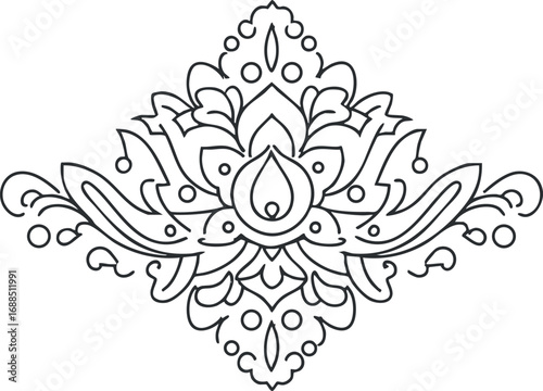 Black and white mandala ornament with symmetrical floral and abstract decorative pattern