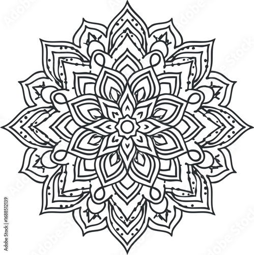 Black and white hand-drawn mandala pattern with detailed symmetrical floral and geometric shapes