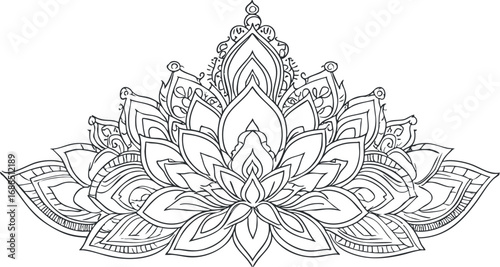 Intricate black and white lotus mandala floral pattern with symmetrical decorative elements for design and meditation