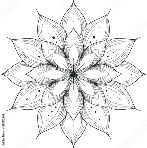 Black and white hand drawn mandala flower with symmetrical petals and detailed line art design