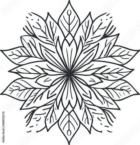 Black and white mandala flower with symmetrical leaf patterns and intricate line art design
