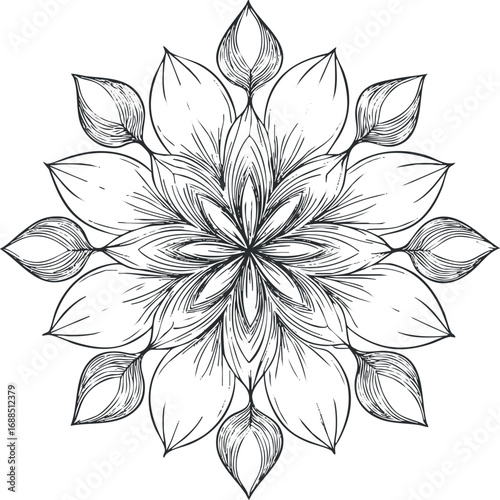 Black and white hand drawn floral mandala with symmetrical ornamental leaf pattern