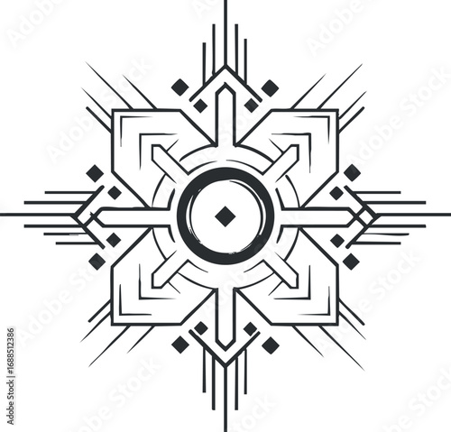 Black and white geometric mandala design with symmetrical lines and abstract shapes for decoration and spiritual symbolism