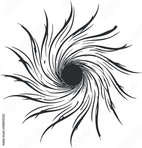 Abstract black spiral vortex swirling dynamically with curved lines on white background