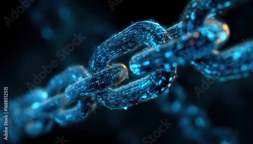 Close-up of a digital chain.  Links are vibrant blue, detailed with glowing particles.  Dark background.  Abstract