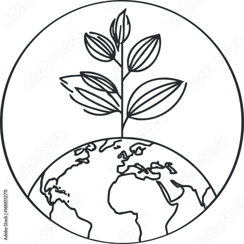 Black and white outline illustration of a plant growing from the earth symbolizing nature and environmental growth.